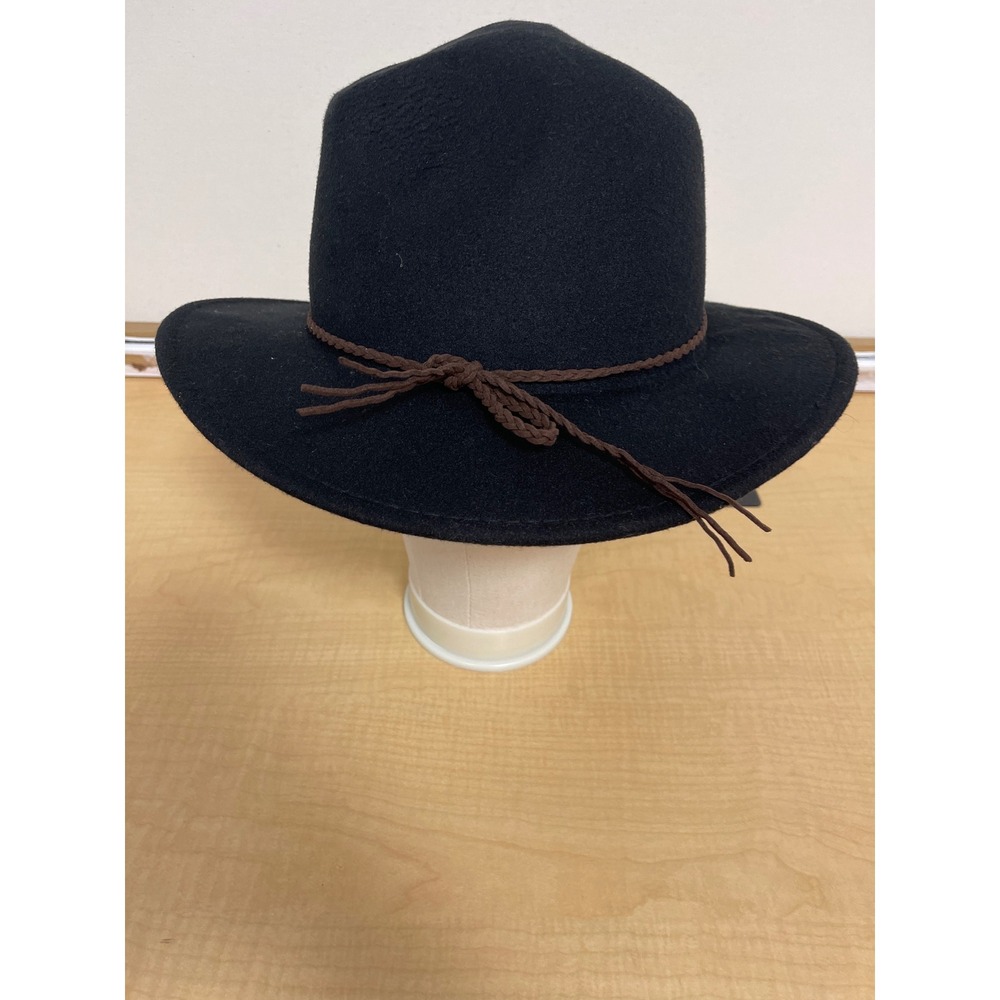 Black Wide Brim Fedora Hat with Brown Braided Band One Size RN 14750